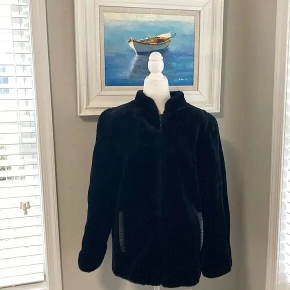 Vintage 80s 90s Outerlayers Mouton Faux Fur Short Black Winter Zipper Jacket - Picture 2 of 16